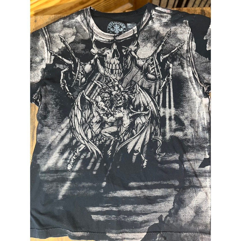 Affliction Live Fast Skull Demon Graphic T-Shirt Mens XL Black‎ Grey Distressed